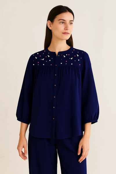 Natural Indigo Handwoven Embroidered Top